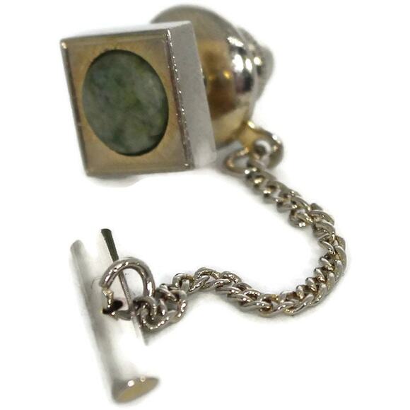 Vintage Gold and Green Stone Tie Tack with Chain, Vintage Men's Accessories - Picture 7 of 10